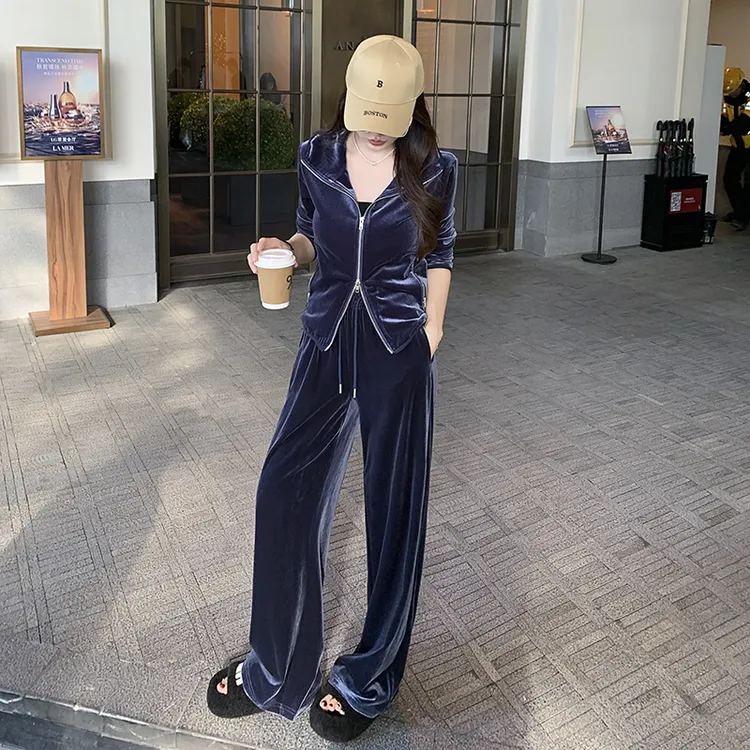 高级感金丝绒休闲运动套装女春季新款显瘦V领上衣阔腿裤两件套潮