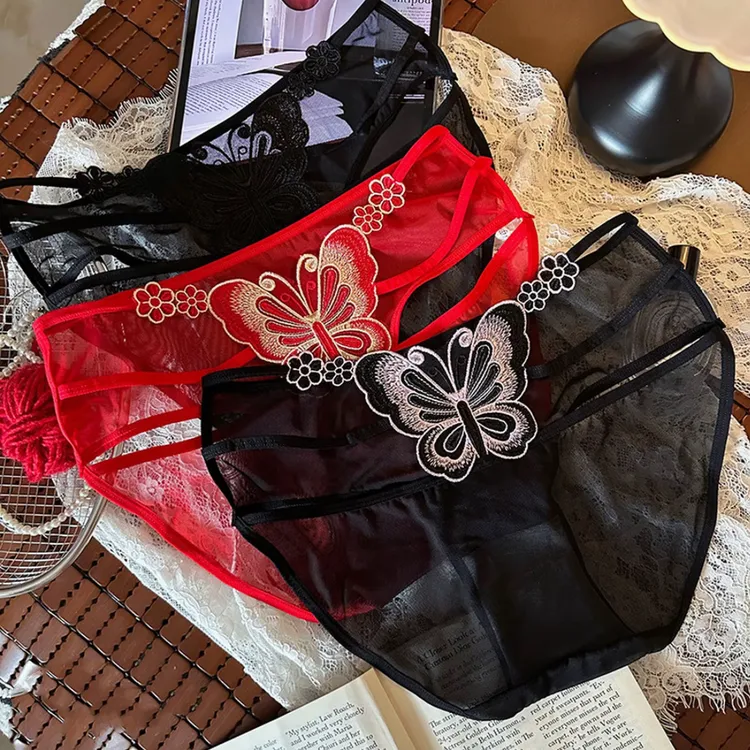 本命年红色大码女士高腰性感网纱蕾丝镂空蝴蝶刺绣全包臀内裤