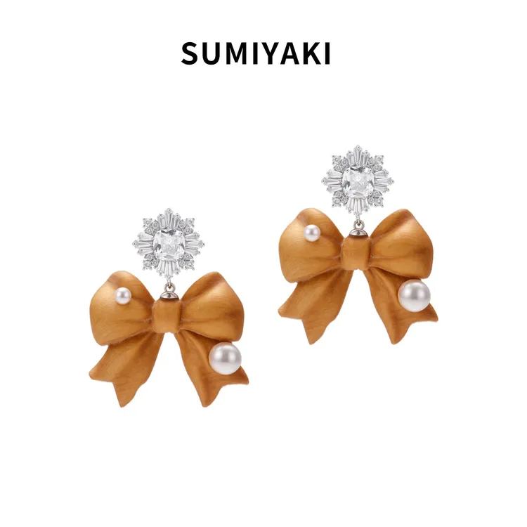  SUMIYAKI 木雕系列木头蝴蝶结珍珠耳环礼物