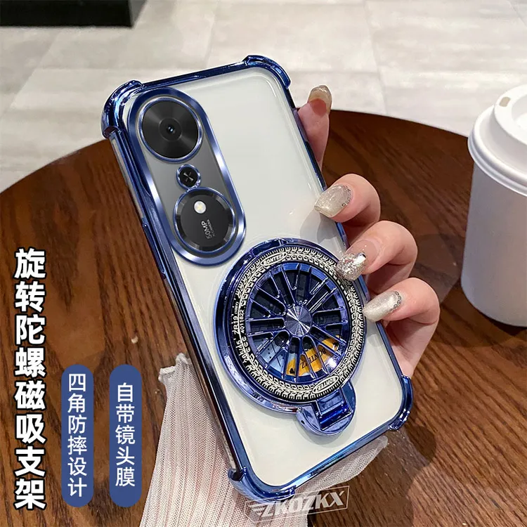 适用荣耀畅玩70Plus手机壳磁吸陀螺支架镜头全包透明电镀四角防摔