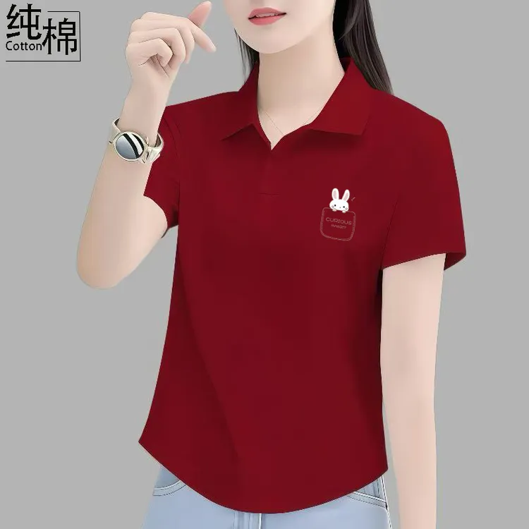 POLO衫女短袖T恤夏季2025新款大码休闲宽松显瘦减龄纯棉翻领上衣