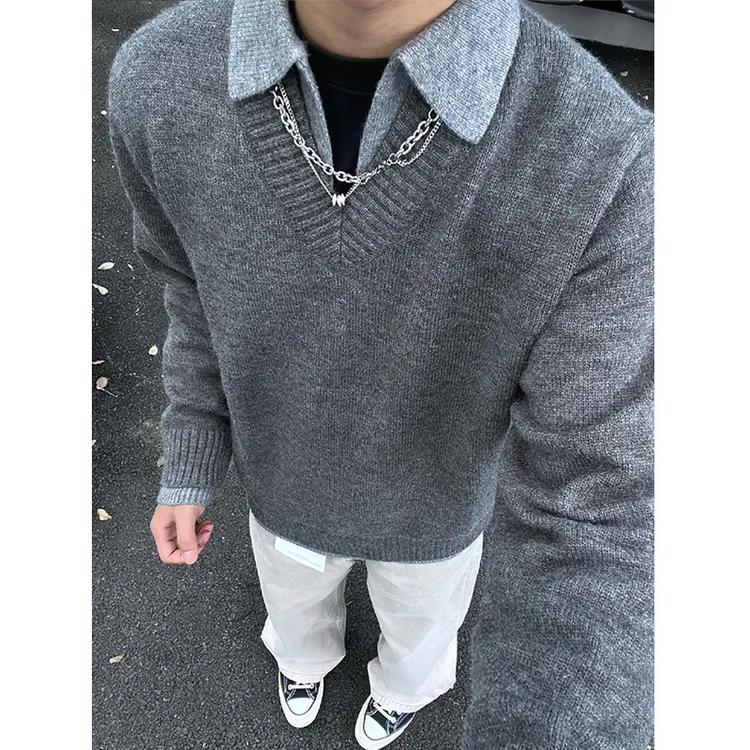 老钱风假两件v领毛衣男款秋季高级感美式复古针织Polo内搭打底衫