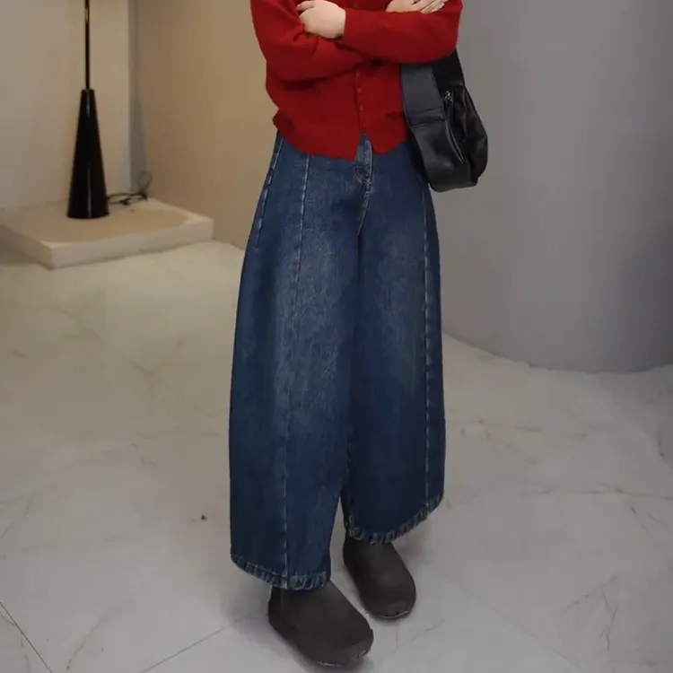 加绒牛仔裤女弯刀阔腿裤冬遮胯哈伦裤梨型身材高腰显瘦九分老爹裤