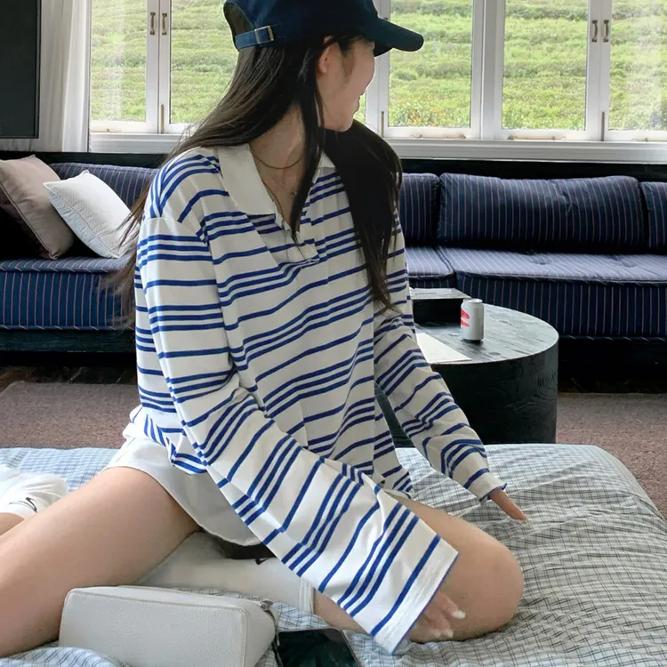 【帝韵】韩版蓝条纹polo领正肩长袖T恤女早秋穿搭新款宽松百搭上衣