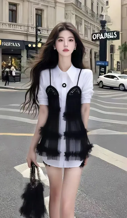 时尚气质显瘦温柔知性风衬衫领短袖别致设计感连衣裙女氛围感女装