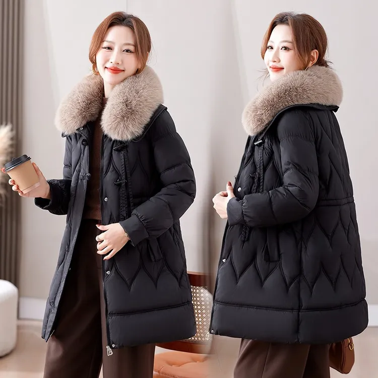 可拆缷大毛领翻领中长款羽绒棉衣士女冬季洋气妈妈装超厚保暖棉服