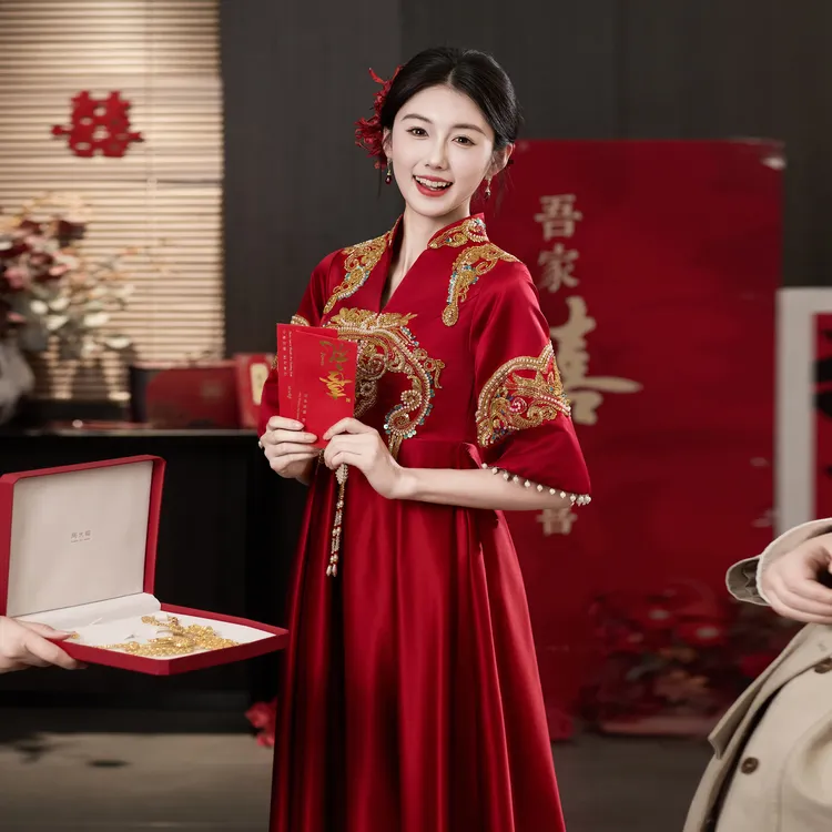 红色中式2025新娘孕妇结婚显瘦敬酒服2025新款敬酒礼服缎面遮肚子
