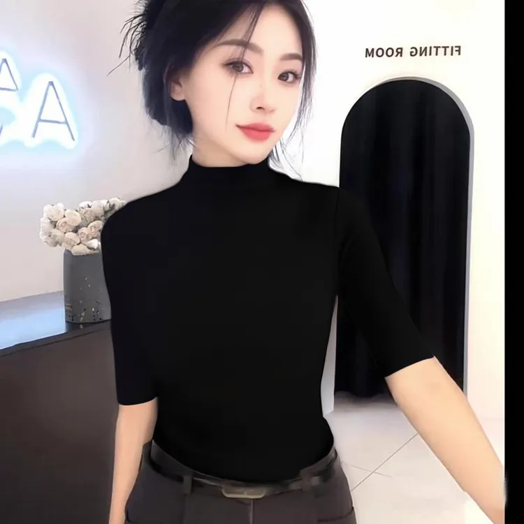 黑色半高领半袖打底衫女2025秋装五分袖气质百搭修身显瘦中袖上衣