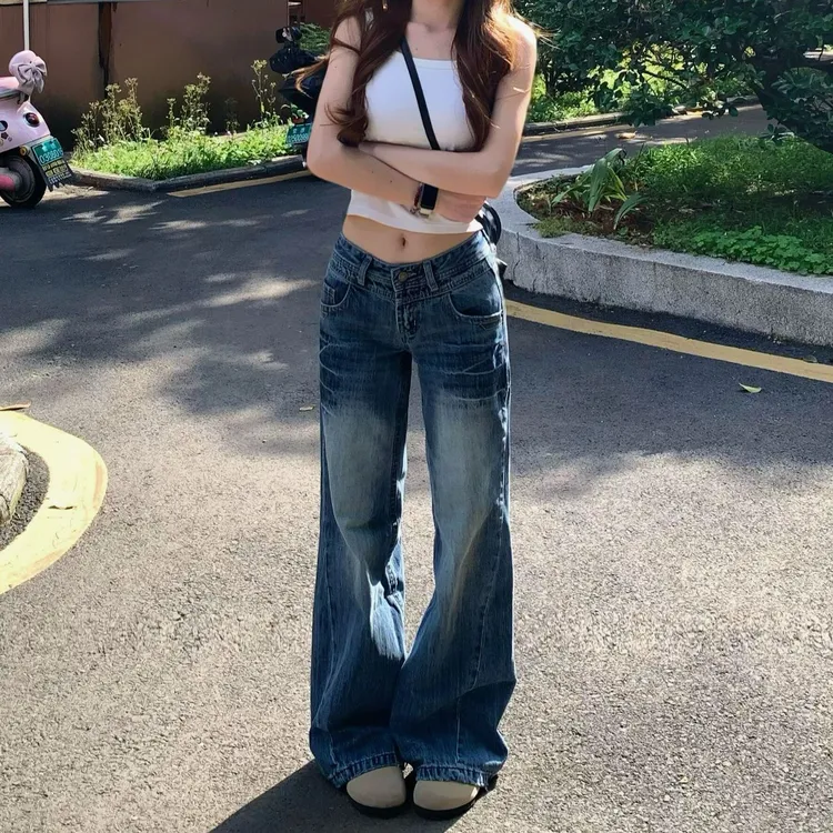 美式复古折痕磨白牛仔裤女2025秋季新款小众设计感宽松直筒拖地裤