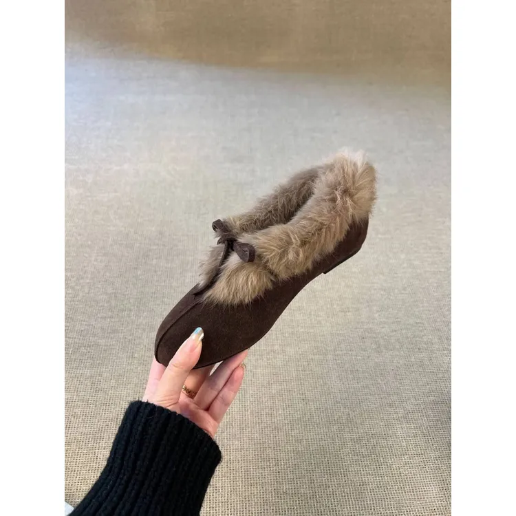 复古内增高加绒单鞋女2025冬季新款圆头蝴蝶结勃肯毛毛鞋保暖棉鞋