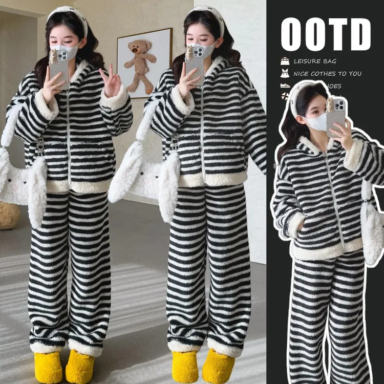 孕妇装2025秋冬法兰绒大码加厚加绒珊瑚绒条纹连帽家居服冬天套装