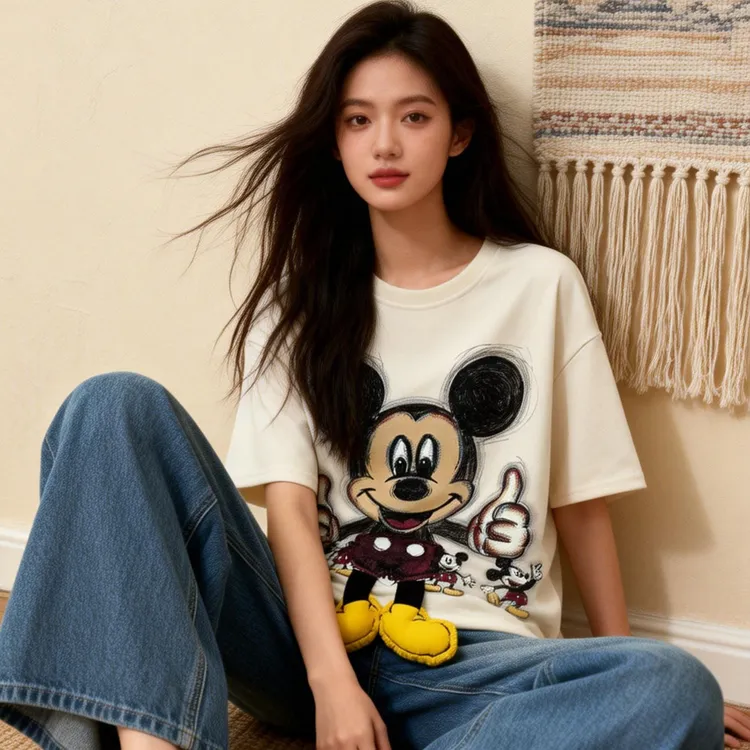 新款女装卡通印花宽松短袖休闲风T恤小众炸街时尚打底衫女内搭