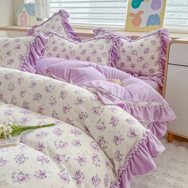 秋冬新品加厚保暖法式花边款牛奶绒四件套加绒双面绒四件套05