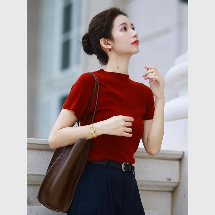 红色针织短袖t恤女2025新款夏季正肩超火减龄轻薄透气多巴胺上衣