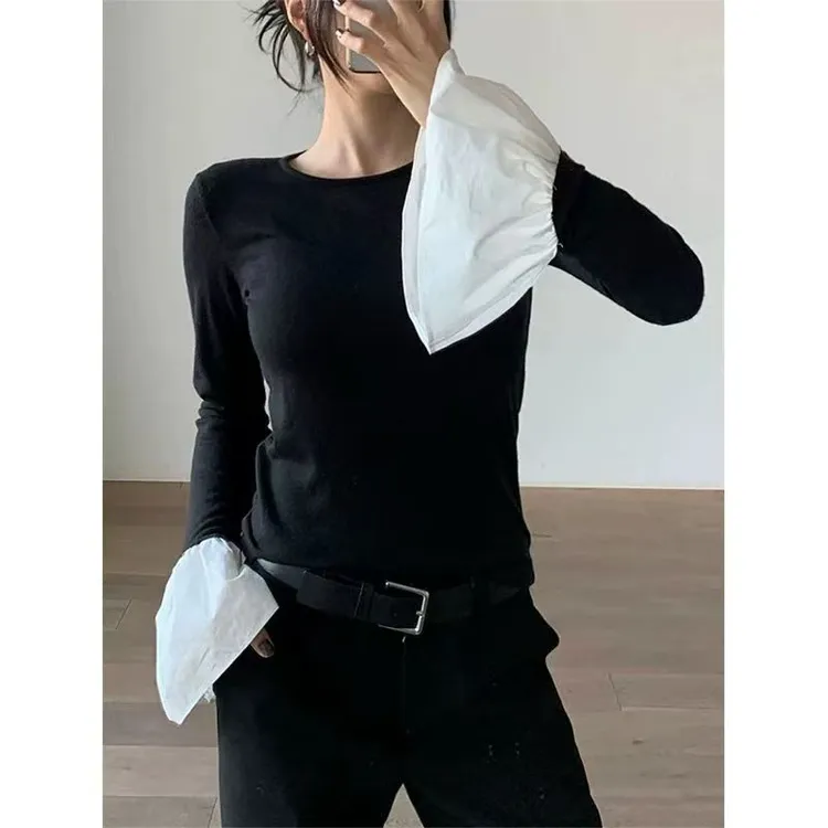 6210喇叭袖打底衫女秋冬南油欧货洋气圆领拼接喇叭袖上衣女高级感