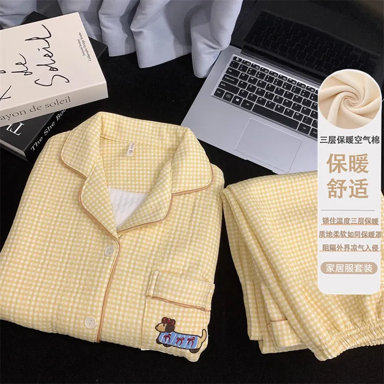 新款睡衣女秋冬款加厚保暖V领三层夹棉空气绵夹层家居服两件套装