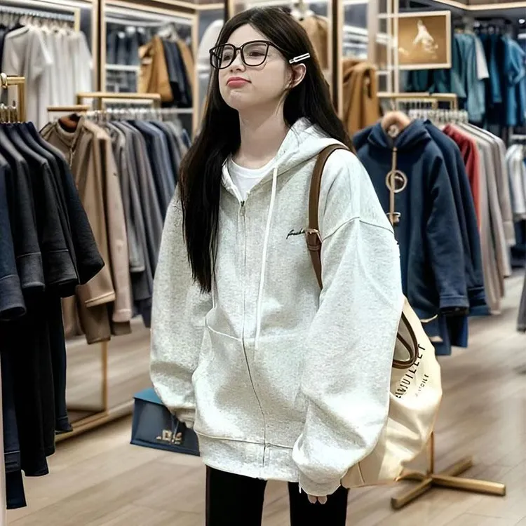美式高街连帽卫衣女春秋oversize宽松慵懒chic风薄款拉链开衫外套