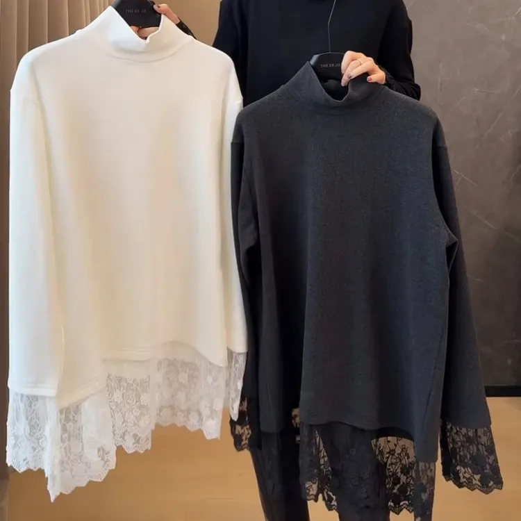 秋冬韩版新款设计感百搭气质显瘦蕾丝拼接长袖T恤LK2501126