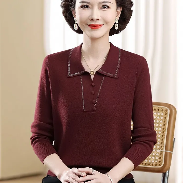 妈妈针织春秋上衣长袖2025针织衫新款中老年洋气翻领宽松毛衣打底