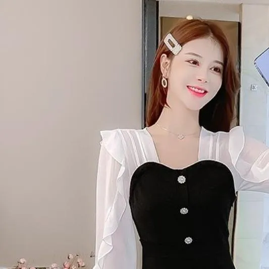 2025高级感假两件雪纺连衣裙子女秋装新款长袖收腰显瘦气质短裙