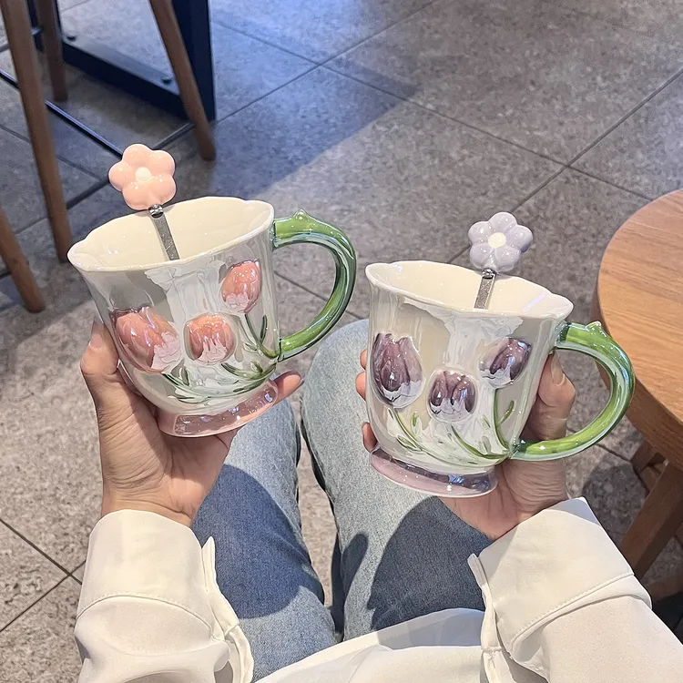 陶瓷杯子郁金香ins风马克杯情侣水杯家用办公室咖啡杯女生伴手礼