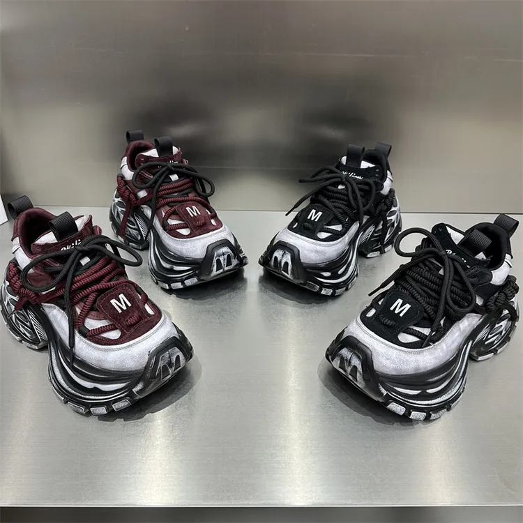 女士时尚百搭休闲复古厚底黑红系带拼接拼色新款高定舒适潮流潮鞋