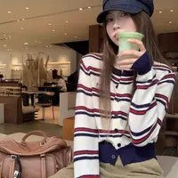 撞色条纹针织开衫女2025早秋季新款慵懒风小个子短款毛衣外套上衣