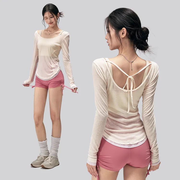 早秋瑜伽服罩衫女修身显瘦运动长袖T外穿透气普拉提训练上衣薄款