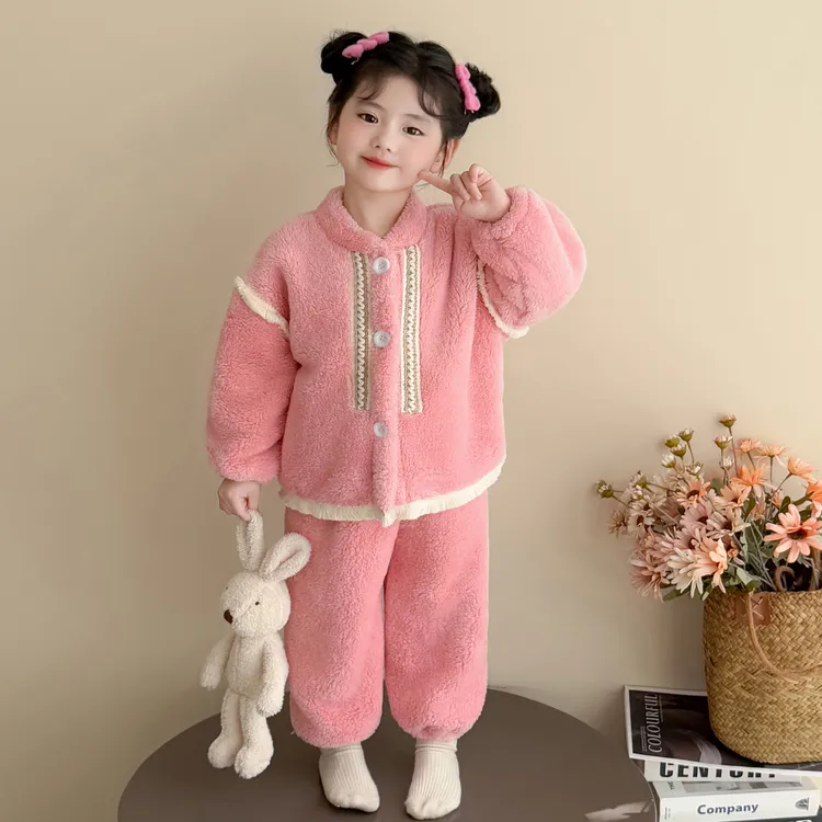 儿童珊瑚绒睡衣秋冬款加绒加厚女孩新款法兰绒套装冬季女童家居服