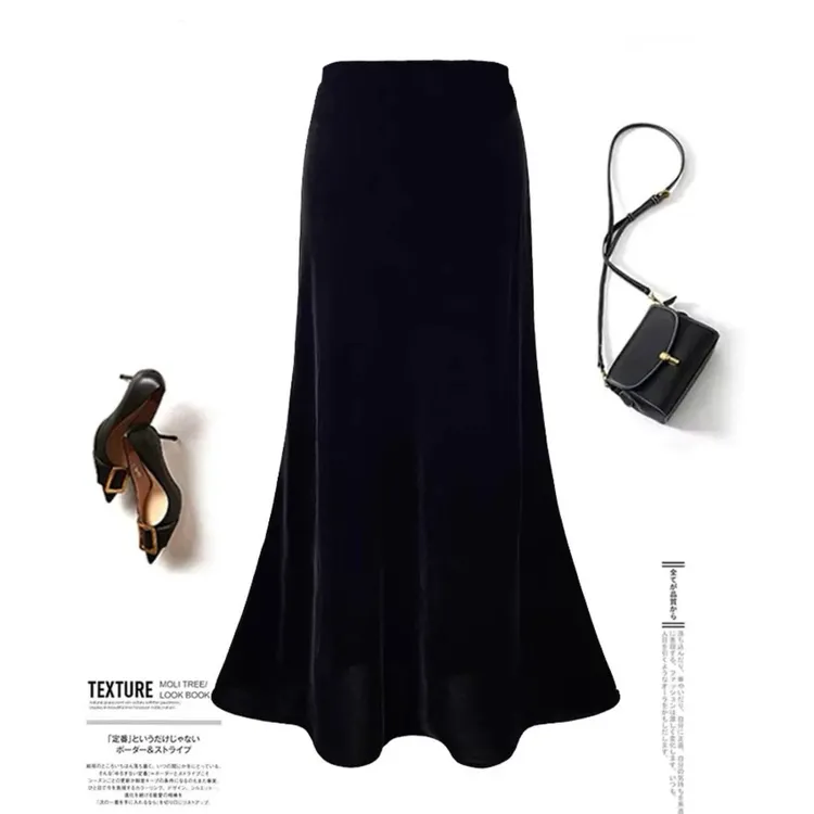 D999-3253【鱼尾裙】秋冬加绒加厚高级感丝绒半身裙a字包臀裙女