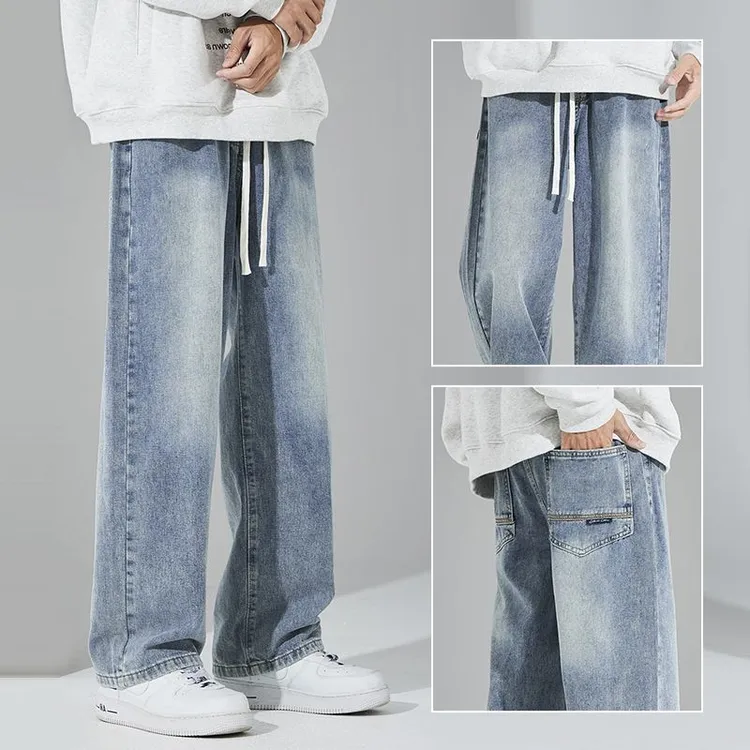 欧若风冰丝牛仔裤男款2025夏季薄款新款潮流大码直筒男生阔腿裤子