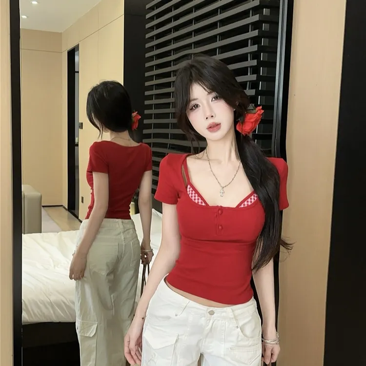 夏季新款品质女装纯欲风独特绝美修身显瘦短款针织纯色女短袖t恤 