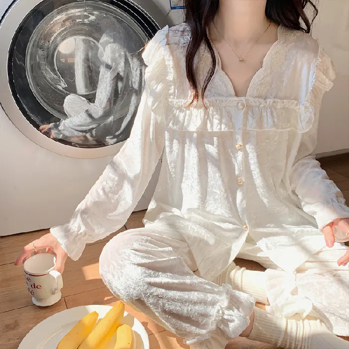 【带胸垫】金丝绒睡衣女春秋款2025年新款荷叶边法式长袖家居服套装