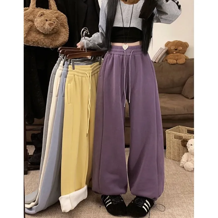 加绒加厚高腰直筒休闲裤女秋冬束脚卫裤慵懒百搭阔腿裤子拖地长裤