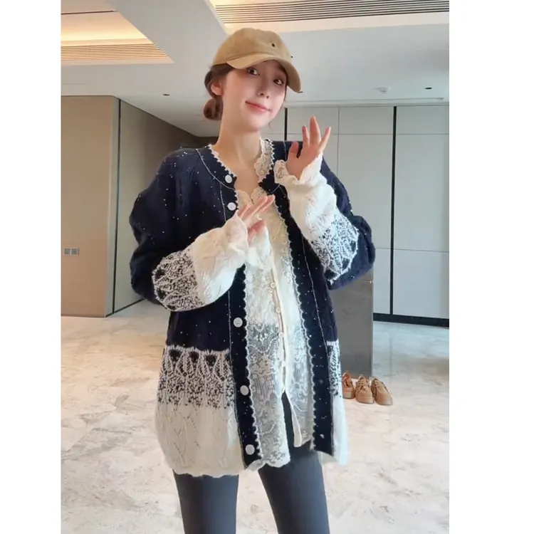 徐靖靖【蓝织之梦】法式针织开衫女设计款洋气提花毛衣外套2509029