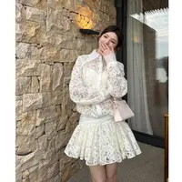 【QIAN】HJ320-20女士蕾丝衬衫裙枫叶袖尖领压花碎花米白色