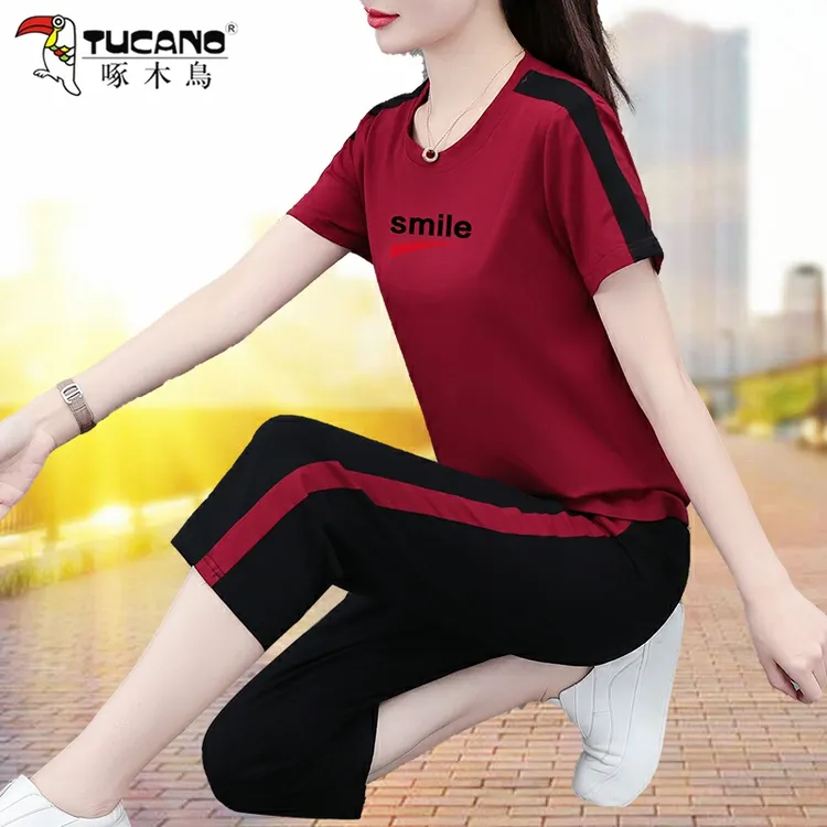 啄木鸟运动套装女2025新款夏季短袖洋气休闲七分裤妈妈装两件套