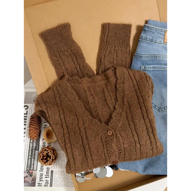 简直好美不要太好看！棕色花边v领针织开衫秋冬季好看长袖气质毛衣