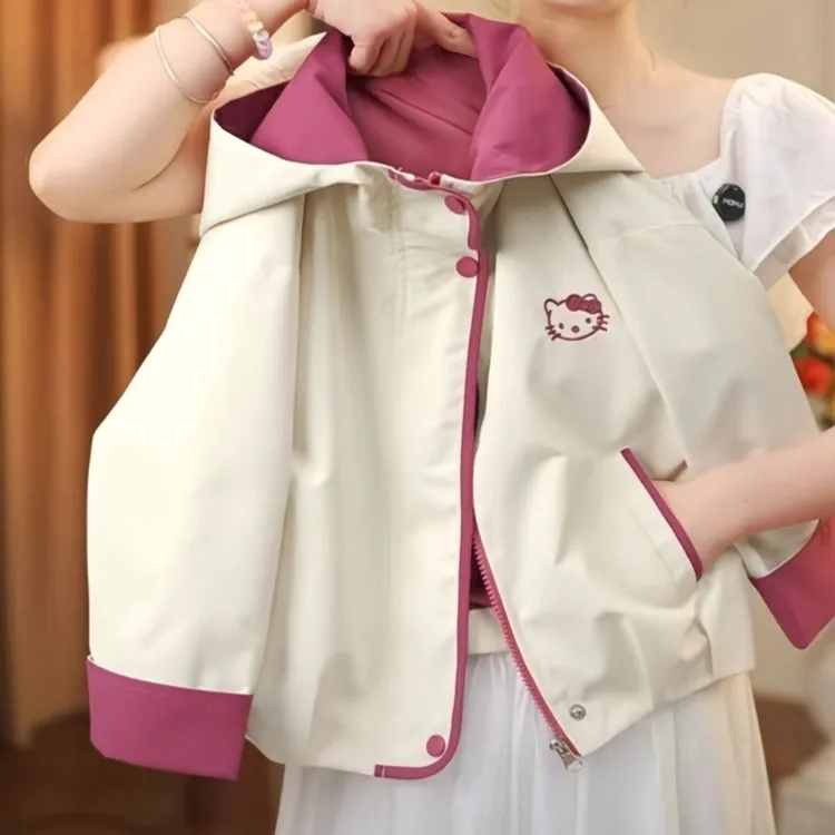 女童外套2025新款春秋洋气儿童时髦刺绣凯蒂猫冲锋衣女宝连帽上衣