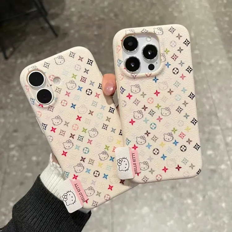 奥菲顿彩色印花凯蒂标签适用苹果16皮纹手机壳小米17vivo华为oppo