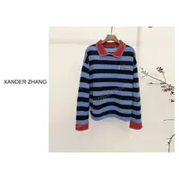 山大张全羊毛时尚撞色条纹小翻领拉链毛衣YBMS1J813百搭减龄设计