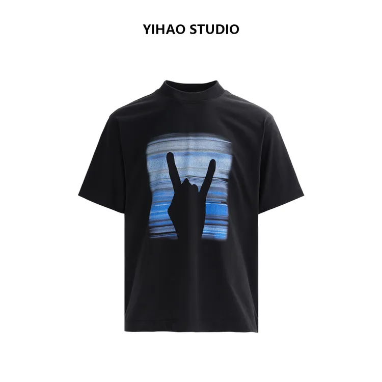 YIHAO STUDIO夏季男款摇滚手势纯棉半袖T恤百搭休闲宽松圆领短袖