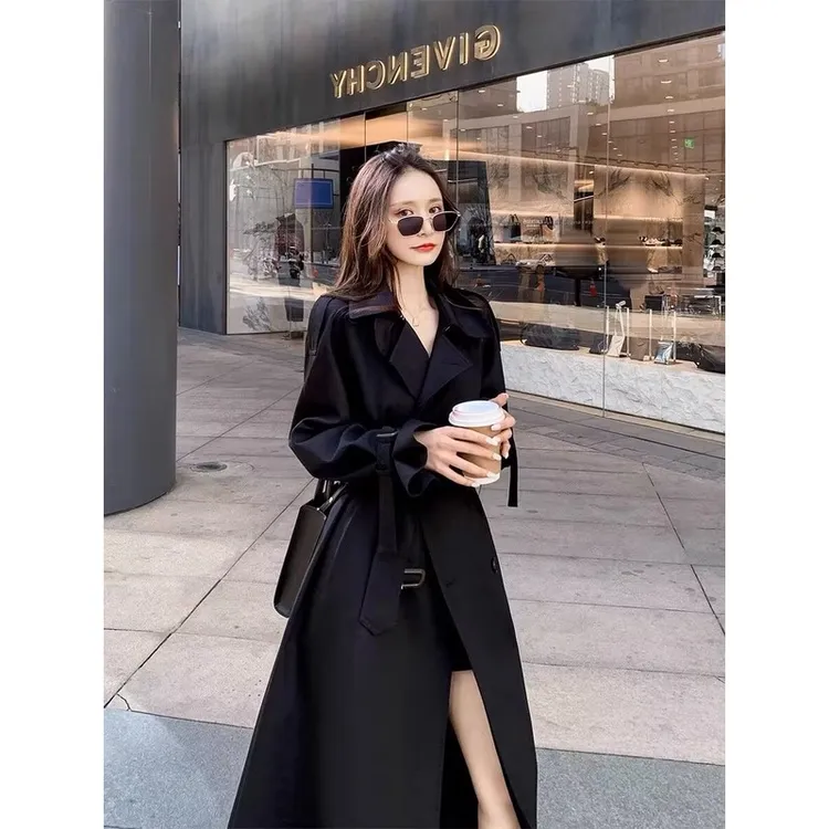 高端黑色英伦风女士时尚2025春秋季新款韩式中长款优雅百搭夹克