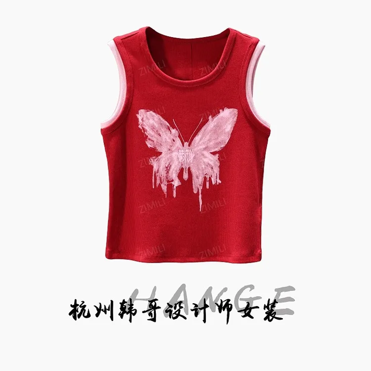【韩哥女装】2025欧版小众设计师安可拉红蝴蝶印花高弹背心10086-B8