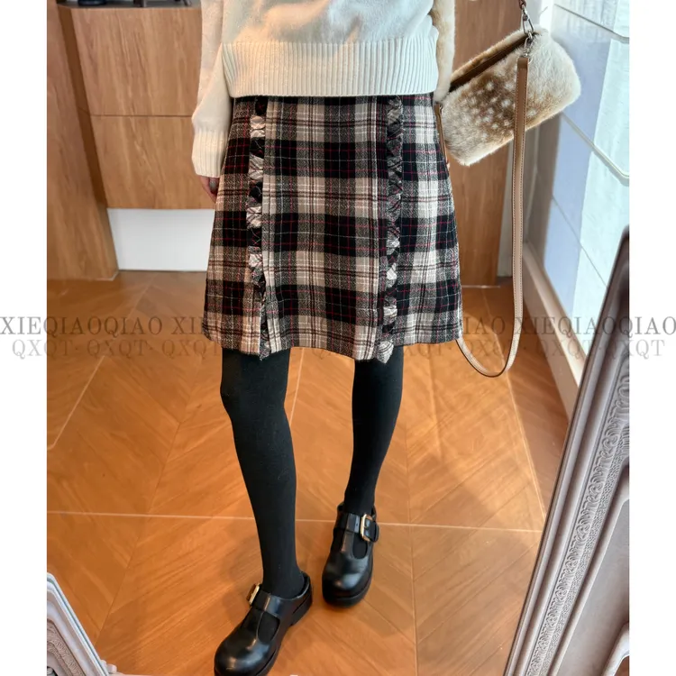 谢荞荞「墨池寻觅」100羊毛苎麻莱赛尔秋冬款松紧腰格纹开叉毛呢裙