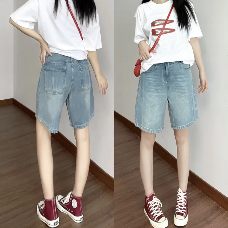 夏季五分高腰牛仔短裤女薄款休闲牛仔裤牛仔阔腿裤薄款牛仔短裤