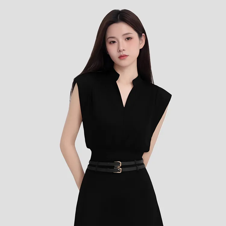 韩系chic复古港风立领衬衫女夏季高级感百搭V领收腰上衣+半身裙