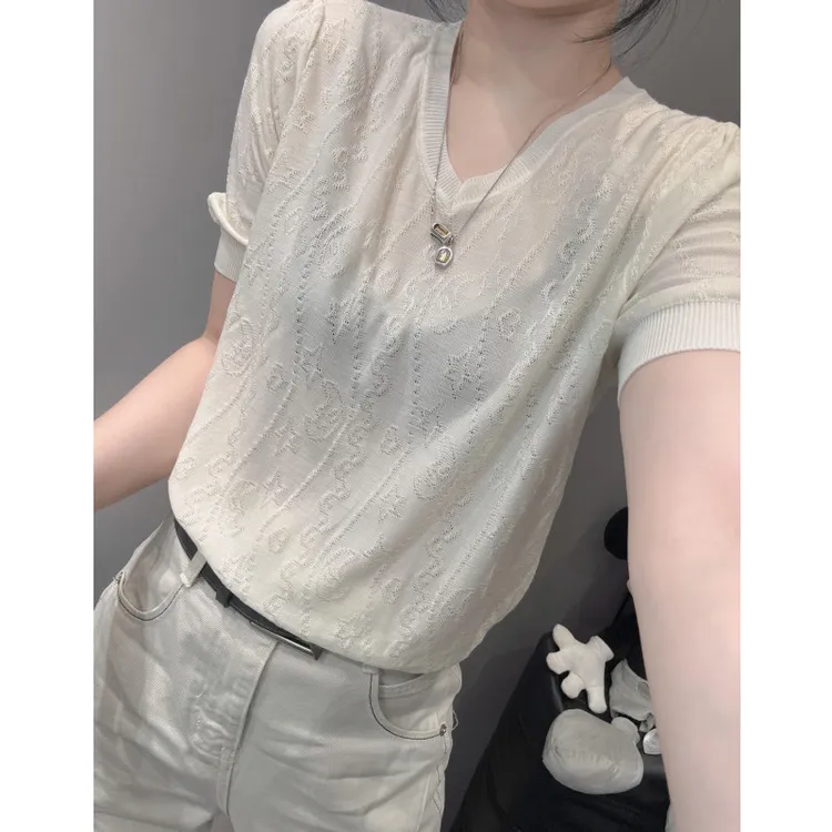 夏天新款时尚提花V领短袖女百搭洋气宽松显瘦冰丝针织衫上衣半袖
