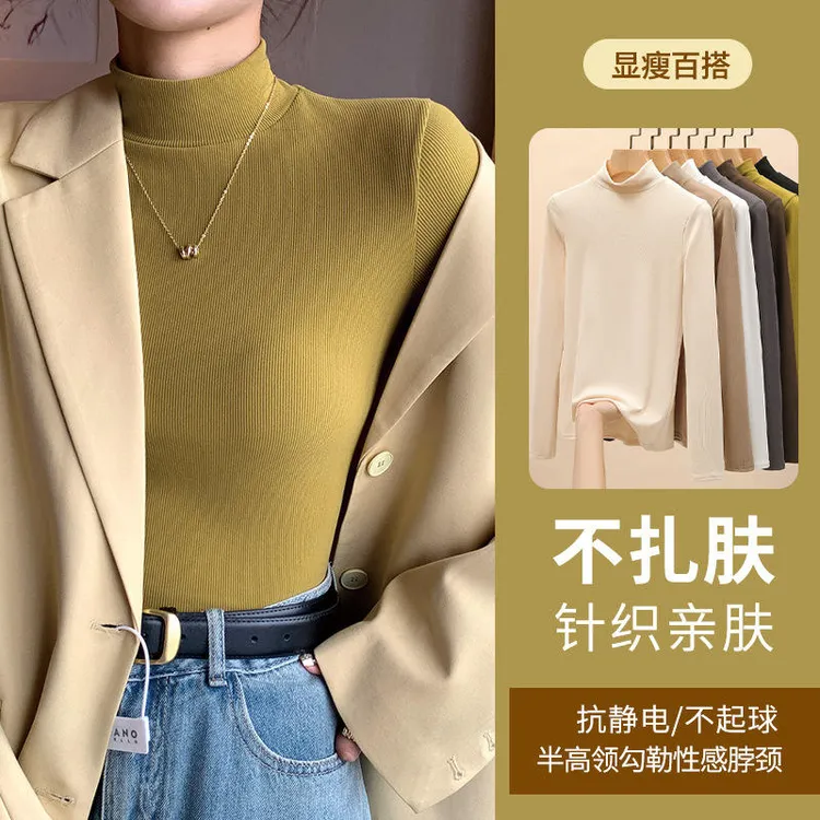 针织半高领打底衫女新款秋冬内搭黑白色秋衣洋气中领套头长袖