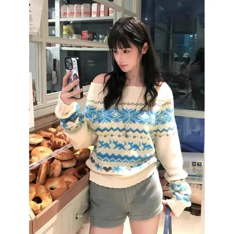 费尔岛一字肩毛衣女秋冬新款氛围感软糯提花针织衫复古慵懒风上衣